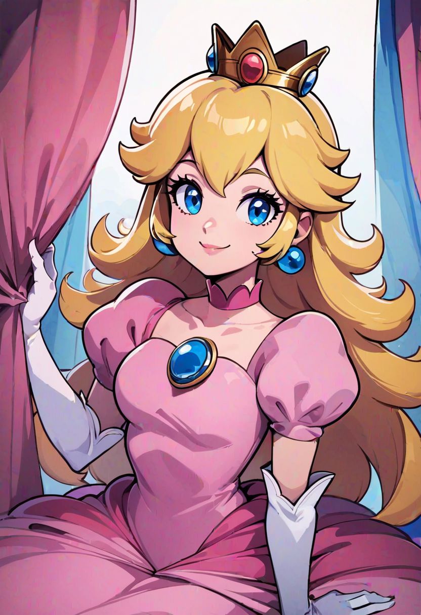 score_9, score_8_up, score_8, medium breasts, (curvy), cute, eyelashes,  
princess peach, 1girl, solo, long hair, breasts, looking at viewer, smile, bangs, blue eyes, blonde hair, gloves, dress, jewelry, medium breasts, sitting, closed mouth, collarbone, short sleeves, earrings, elbow gloves, puffy sleeves, white gloves, puffy short sleeves, crown, curtains, brooch, pink dress,