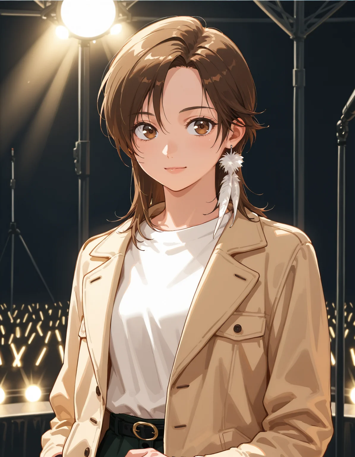 <lora:lisa-exdriver-illustrious-000015:0.8> solo, exdlsa, feather earrings, fashion, casual, stage lights, modeling, upper body