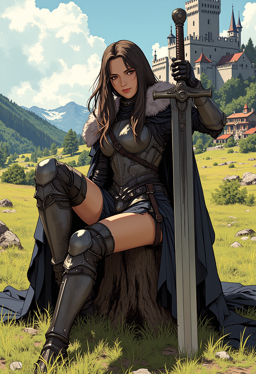 Image is a digital fantasy artwork featuring a female character with a striking appearance. She has tan skin and brown eyes, with long brown hair peaking out the bottom of her helmet. She's wearing an heavy iron metal armor with fur cloak with matching long gloves and thigh-high boots. She sitting with one leg up on a wooden stump in a grassy field. Next to her is a giant iron buster sword that stood ene taller then her, planted into the ground. Her expression is happy and confident. The background is of a grassy field, castle, small village