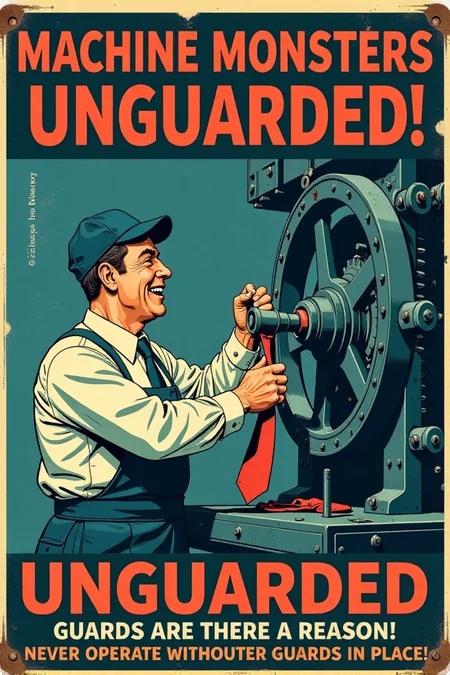 "Vintage safety sign illustration of a worker operating a large, dangerous-looking machine with all the machine guards completely removed or bypassed.  He is happily feeding his tie into moving gears and ignoring exposed blades and belts spinning dangerously close to his hands.  He has a blissful, carefree expression, completely unaware of the imminent danger of entanglement.  The sign text in bold, vintage lettering cries out: 'MACHINE MONSTERS UNGUARDED!  GUARDS ARE THERE FOR A REASON!  NEVER OPERATE WITHOUT PROPER GUARDS IN PLACE!' Render in a stark, slightly unsettling vintage cartoon style, contrasting the worker's oblivious happiness with the clearly dangerous unguarded machinery. Use a color palette that emphasizes the cold, metallic nature of the machinery (greys, blues) and warning reds for danger zones around the unguarded moving parts. Visually stunning vintage cartoon, direct machine guarding safety message, high detail in machine components and the worker's dangerous disregard for safety." <lora:REMEs_War_Poster_Style:0.9> In REME's War Poster Style,âââ