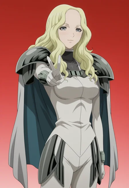 masterpiece, best quality, amazing quality, anime coloring, anime screencap, 1girl, <lora:DX888TeresaIL:1> teresa, grey eyes, blonde hair, wavy hair, long hair, body suit, pauldrons, cape, light smile, BREAK pastel background, red background cowboy shot, gyaru v,