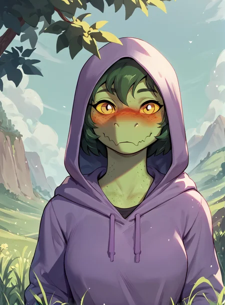 score_9,score_8_up,,score_7_up,masterpiece,high resolution,
 <lora:Olivia_Halford:0.8>,
oliviahalford, solo, 1girl, hood, colored skin, freckles, blush, yellow eyes, hood up, looking at viewer,
shadow detail,natural light,backround detail,outside