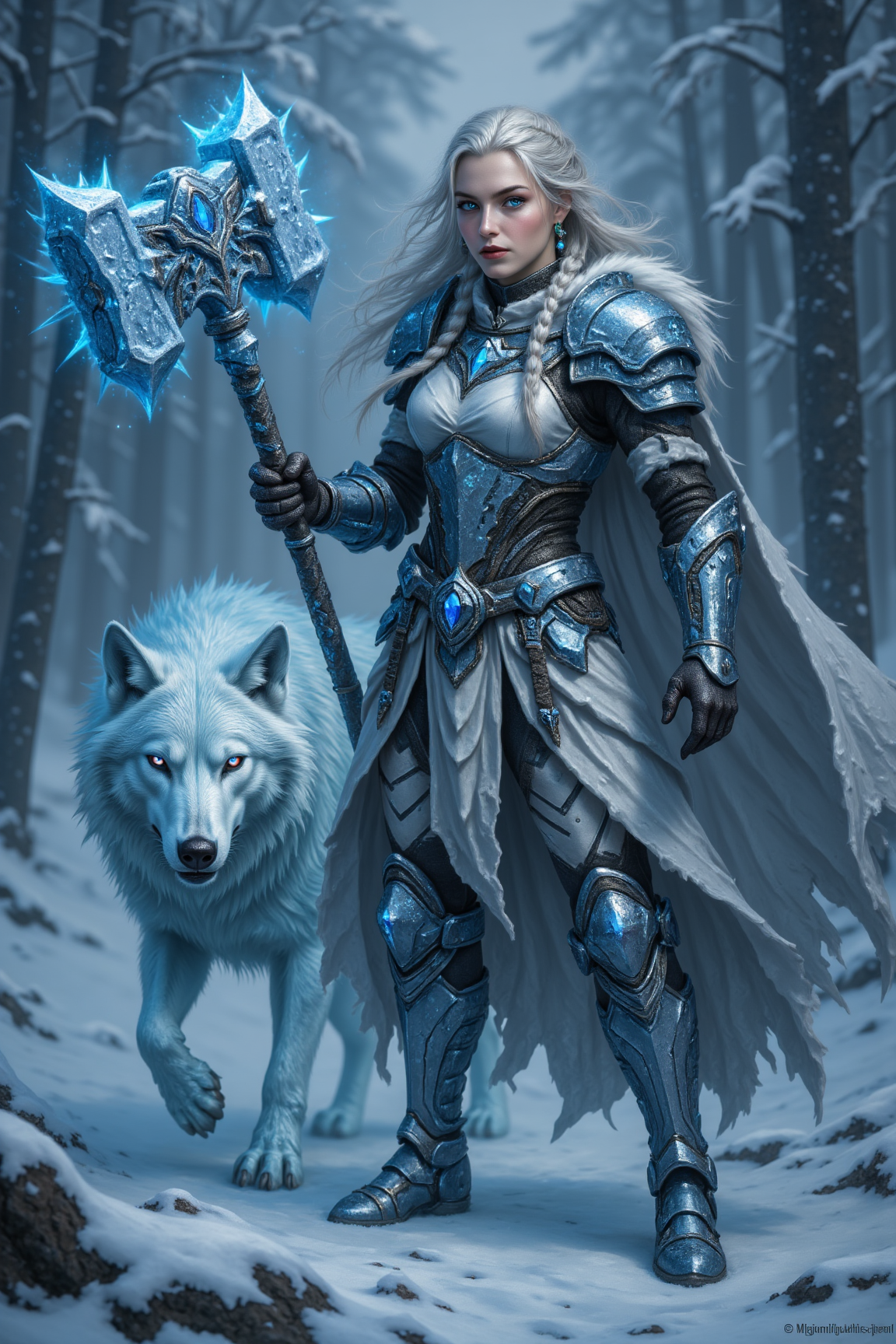 Midjourney_Whisper, A female warrior of ice and vengeance, the Frostbound Valkyrie emerges from the frozen tundras clad in glistening armor forged from enchanted permafrost. Her braided silver hair carries the chill of eternal winter, and her breath fogs the air with each exhale. Her piercing ice-blue eyes shine with the determination of a thousand battles. In her hand, she wields a colossal frost-encrusted warhammer, its head shimmering with a frozen aura capable of shattering even the strongest defenses. A spectral wolf, composed of swirling snow and ice, stalks at her side, its eyes glowing with a feral light. Wherever she treads, frost blooms and the whispers of fallen warriors drift on the icy wind.