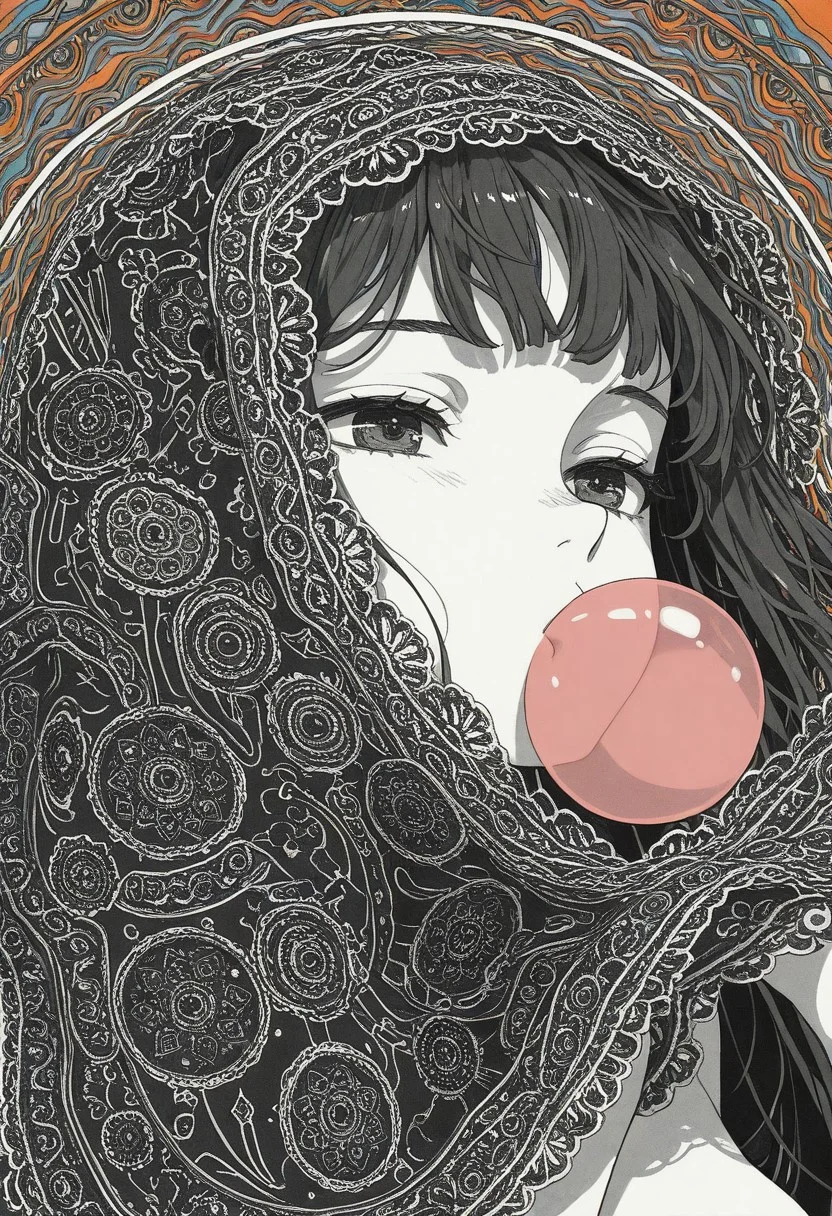 face focus, 1girl, chewing gum,puffy cheeks,, blowing bubble, detailed eyes, holding veil, lifting veil, fine fabric detail, celluloid, close up, floating,, color coordination, greyscale with colored background, ((depth)), good composition, masterpiece, best quality, through medium, limited palette,
revealing layer, abstract background, mandala, (illustration.media:1.1), (yanje:0.8), molatoliamu, seraphitalg,