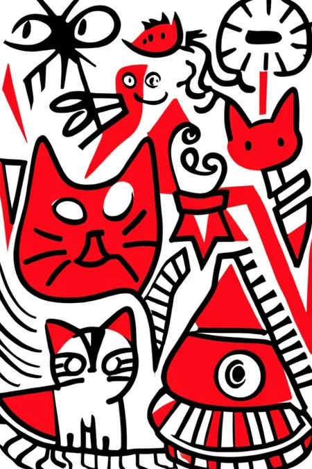 a shape of a cat in red, surrounded by different shapes, doodle art style <lora:Doodle_XL_V1:1>
