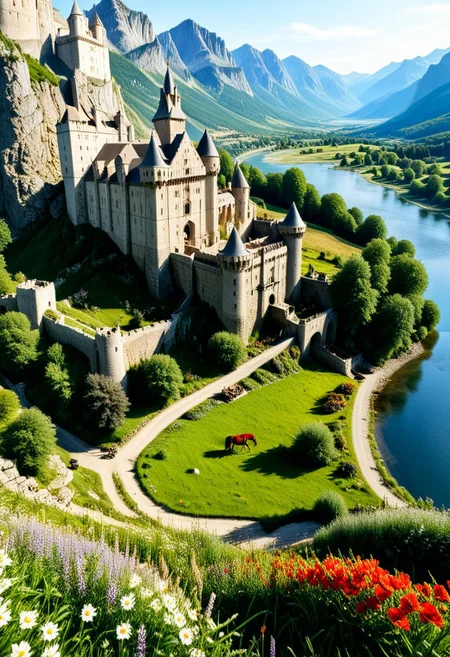 ultra realism, photorealistic image with high quality 8k and above, stable focus on extremely breathtaking natural landscape, mountains, lakes, waterfalls, castle, ruins of ancient fortresses, Cathedral, Gothic castle, village, flower meadows, rocks, wild forest animals, horses ,pasture,river,