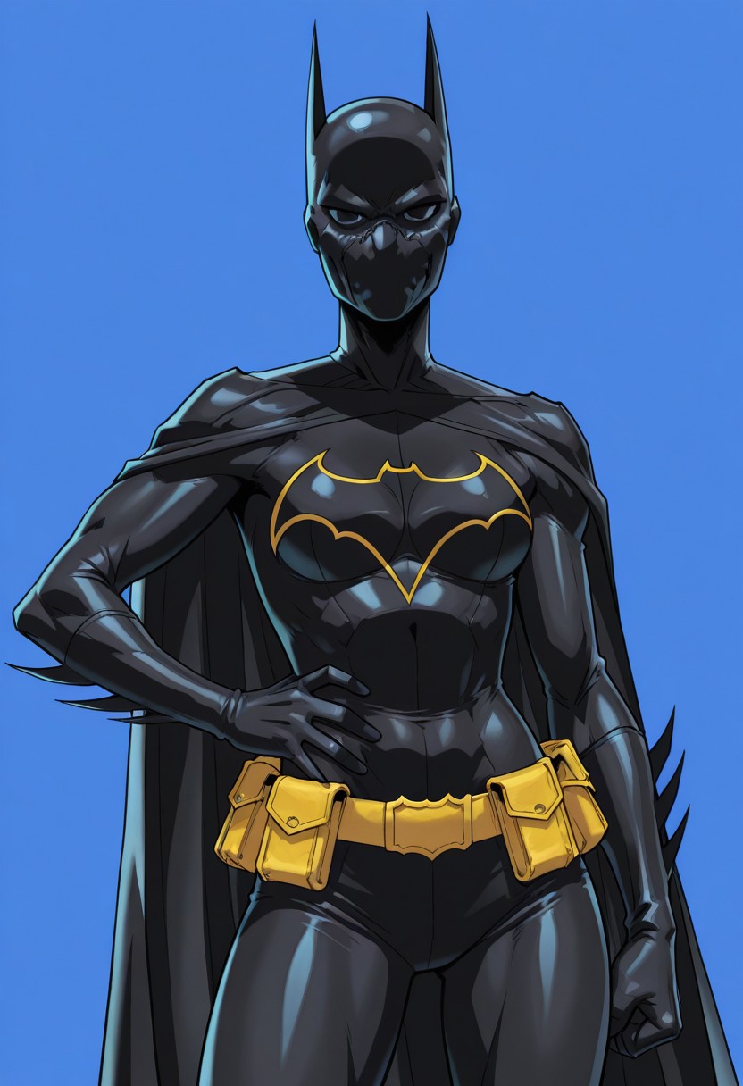 Blue background, simple background, solid color background, 2d, 1girl, solo, 
DC Comics, Batgirl, BlackBat, toned female, black mask, black sclera, no pupils, covered face, black bodysuit, black cape, utility belt, yellow belt, insignia, bat symbol, 
Upper body, front view, looking at viewer, Hand on hip,