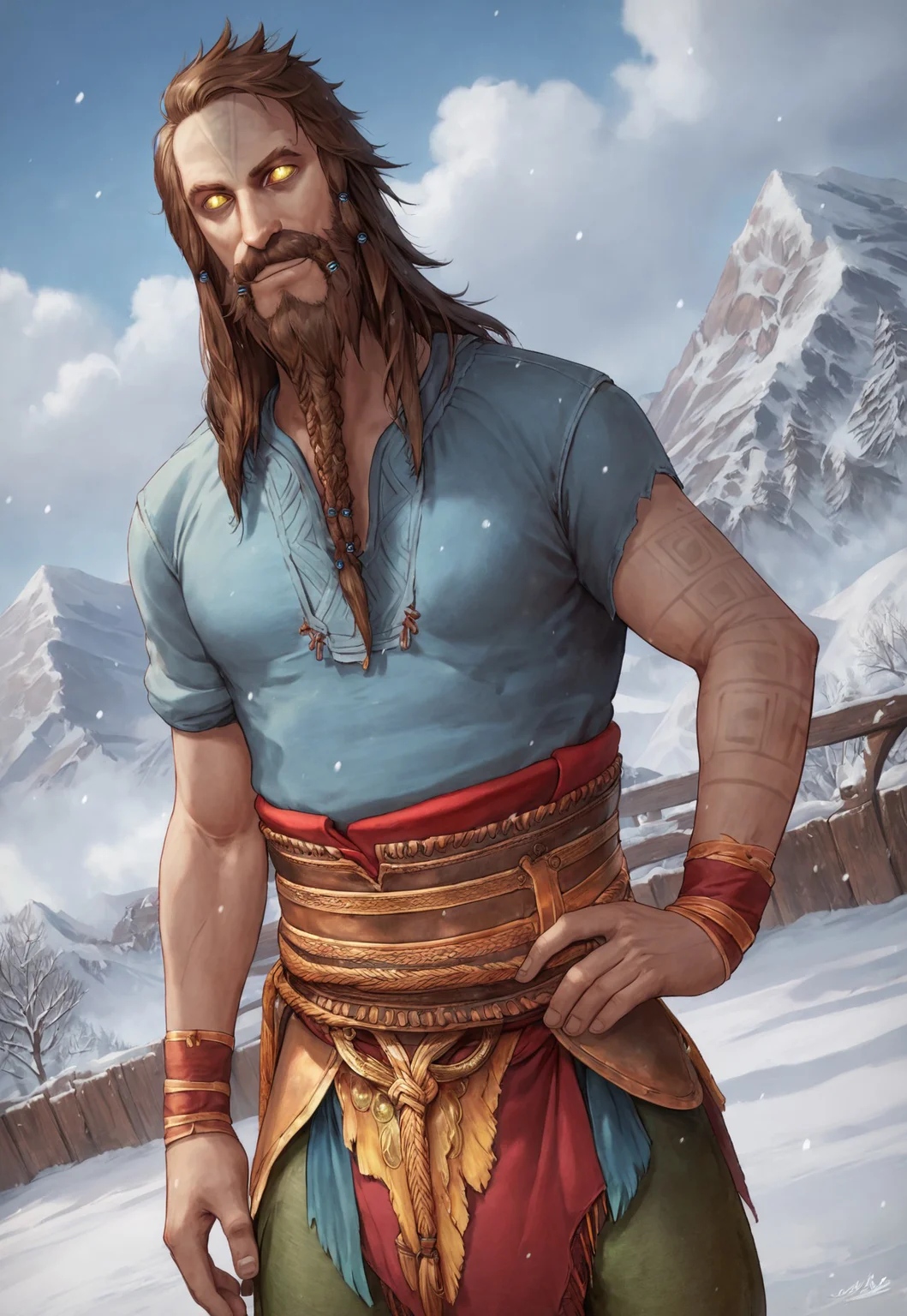 score_9, score_8_up, TyrGoW, long hair, brown hair, hair beads, yellow eyes, yellow sclera, glowing eyes, beard, beard braid, mustache, tall, muscular, mature male, forehead tattoo, ((arm tattoo)), blue shirt, wristband, belt, waistcloth, green pants, looking at viewer, smile, dynamic pose, detailed background, dutch angle, upper body, cowboy shot, trees, blue sky, clouds, snow, mountain range, hand on hip, snowing,