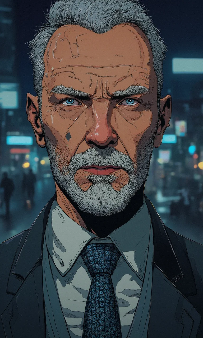 old man with a beard wearing a suit and tie close up portrait photo , gray eyes, closeup on face cyberpunk anime city at night, comic illustration<lora:Flux\mine\smalleyes.safetensors:0.5:0.5> <lora:Flux\CPA.safetensors:1.0:1.0>
