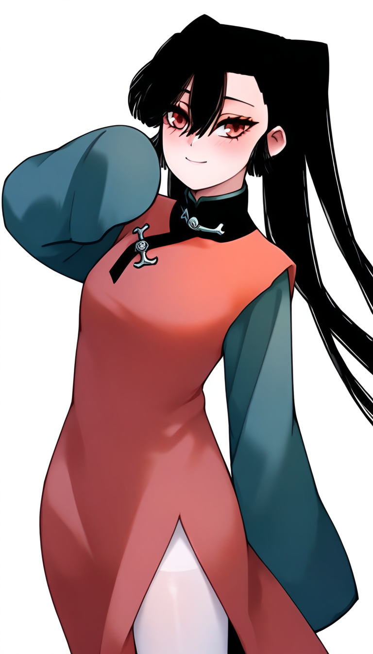 <lora:hudasheng:1>,hudasheng,1girl,long hair,red eyes,solo,long hair,black hair,hair between eyes,ponytail,pigtails,white_pantyhose,china_dress,red china_dress,long sleeves,green long sleeves,
standing,looking at viewer,smile,blush,light_blush,((white background,simple background,)),full_shot,from_side,, masterpiece,best quality,amazing quality,