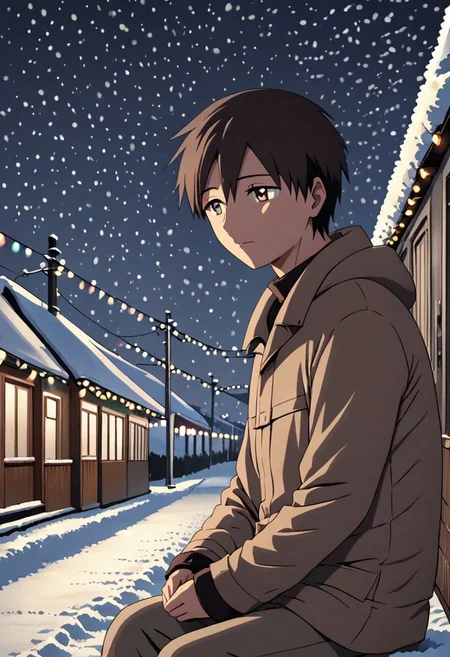 high resolution, solo, best quality, 1Boy, Takaki Toono, Brownish Hair, Brown Eyes, winter, Northern Lights, Stargazing, OverallDetail