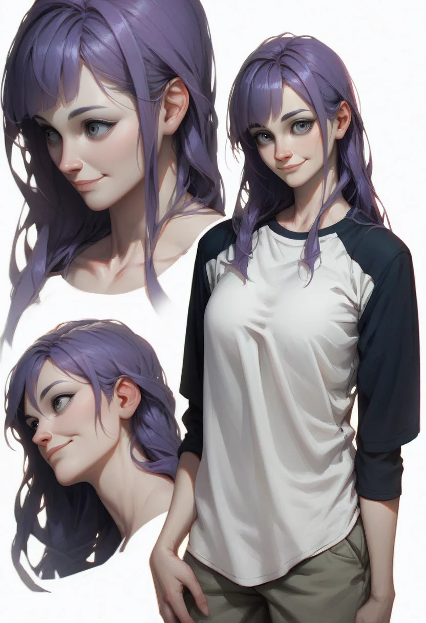 score_9, score_8_up, score_7_up,<lora:xl_more_art-full_v1:0.8>,<lora:add-detail-xl:1>
BREAK
<lora:concept:1>conceptart,smile, grey eyes, long hair, purple hair, shirt, multiple views, closed mouth,1girl, bangs