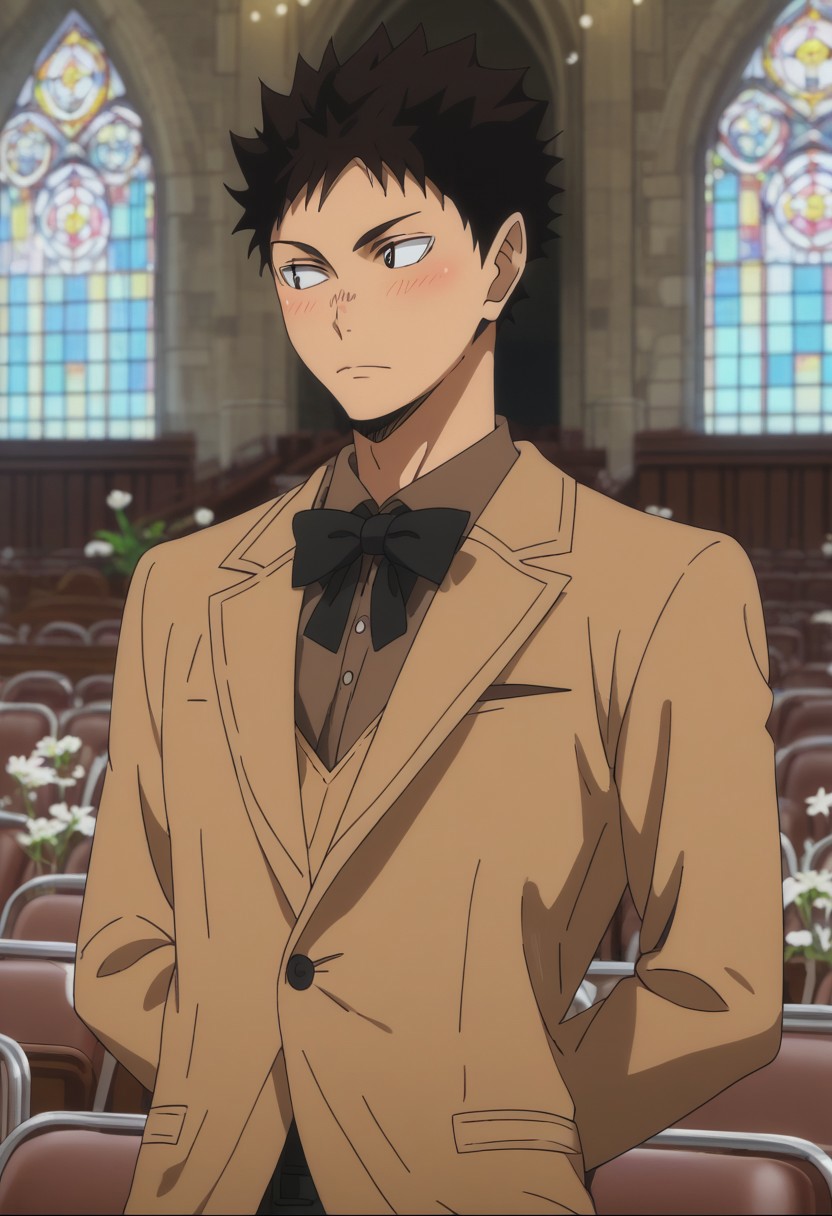 score_9, score_8_up, score_7_up, source_anime, rating_safe, white flowers, water, Iwaikyu, 1boy, male focus, anime screencap, looking away, blushing, closed mouth, hands behind back, brown formal suit, black bowtie, indoors church, wedding,