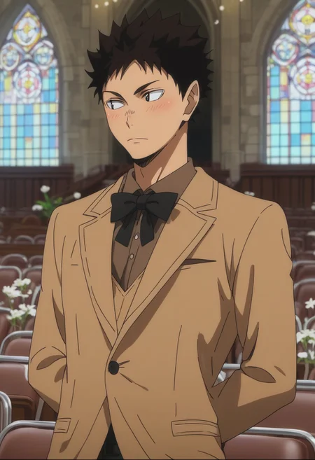 score_9, score_8_up, score_7_up, source_anime, rating_safe, white flowers, water, Iwaikyu, 1boy, male focus, anime screencap, looking away, blushing, closed mouth, hands behind back, brown formal suit, black bowtie, indoors church, wedding,