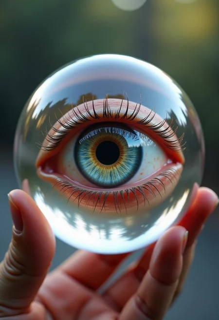 Create a high-quality, hyper-realistic, and extremely detailed image of a large, colorful eye contained within a glass orb. The orb is held in a hand, and the image is slightly zoomed out to showcase the entire sphere. The eye is intricately detailed, with vibrant irises, detailed corneas, and a reflective surface that captures the surrounding light. The glass orb is perfectly clear, with subtle reflections and refractions that enhance the realism of the scene. The hand holding the orb is realistically rendered, with visible muscle definition and fine details. The background is a soft, blurred environment, drawing focus to the orb. The lighting is soft and natural, with the eye casting gentle reflections and highlights within the orb, creating a mesmerizing and captivating atmosphere.