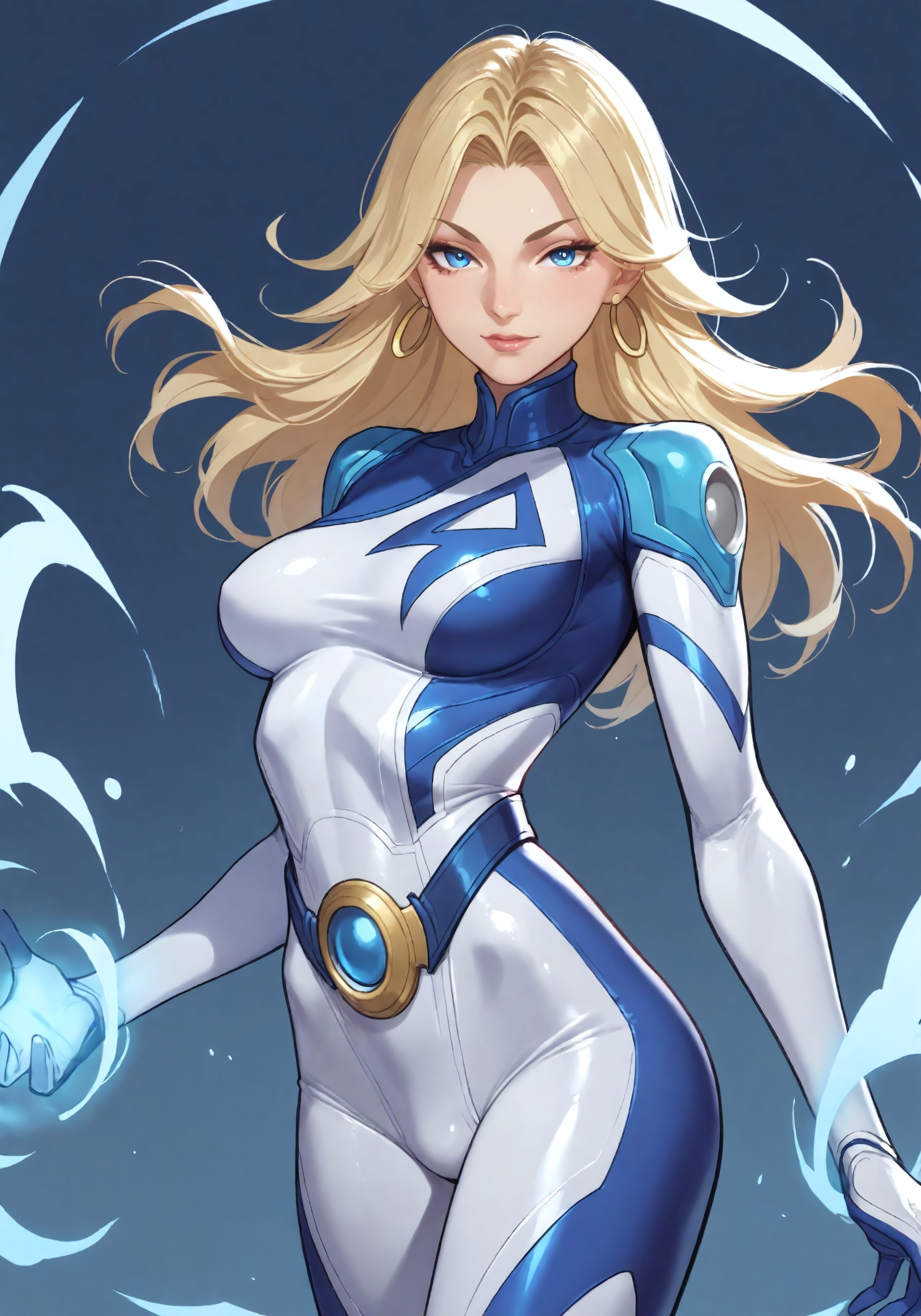 <lora:InvisibleWoman_NoobAI:1>,inv_woman,blue and white bodysuit,