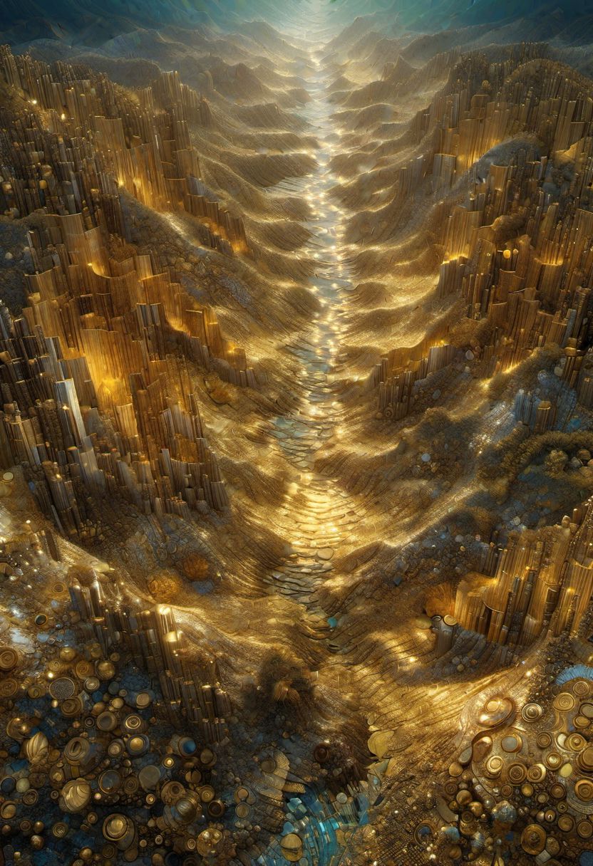 Landscape, by gustav klimt, oil on canvas, collage, mixed techniques, mixed textures, destructured background, shimmering + glowing gold details, Volumetric and dynamic lighting, complex, highly detailed, maximalist, masterpiece , Digital Unreal Engine 5, 32k, maximalist, hyperdetailed, octane render, fine art, moody