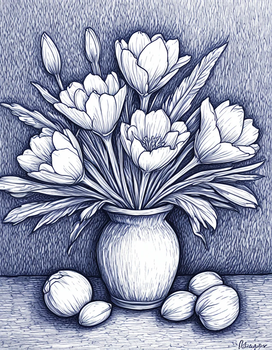 novuschroma42 style floral still life with crocuses, irises, asters ballpoint pen drawing <lora:novuschroma42 style_blue:1> <lora:sdxl_lightning_8step_lora:1>