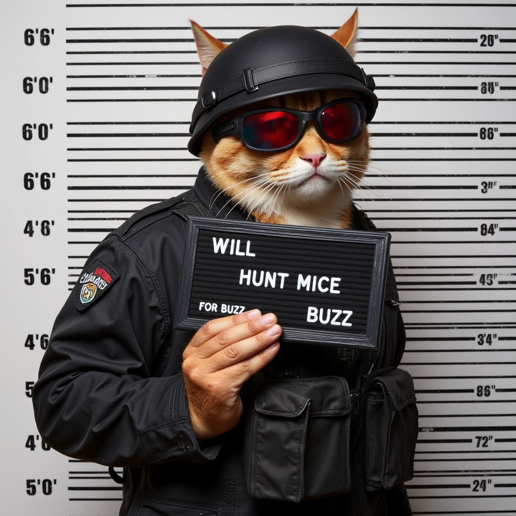 ken mugshot, The image is orange cat dressed in rugged Black military suit, tactical gear military gear with a helmet with night vision googles slightly askew, iconic orange Grumpy Cat reimagined as a battle-hardened American special forces. the orange cat is holding a black sign with white text that reads "We" on the top  "will" in the middle  and "hunt Mice for BUZZ " on the bottom. The sign also includes the  "For" and "Buzz" in white text  with "BUZZ" underlined. The background is a tall  vertical black and white bar graph  indicating height measurements in inches  with the man's height marked at 20 inches. The bars on the graph are evenly spaced  and the numbers on the left side of the graph are black  while the numbers on the right side are white.