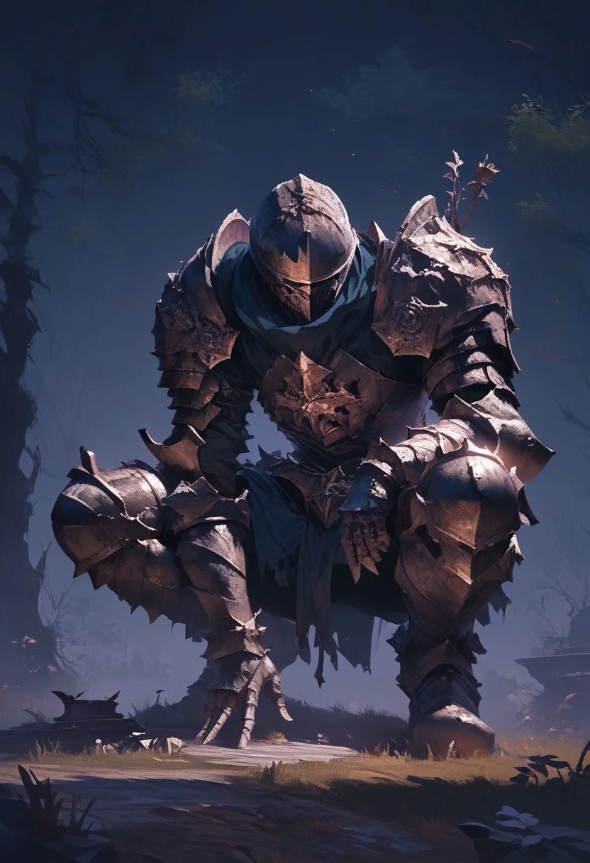 score_9_up, score_8_up, score_7_up, high resolution, high quality, masterpiece, ultra detailed, concept art, arm0rs3nt1n3l, gwentstyle,
Dark night,
Giant tree background, two slates on the side
Swords jammed on ground, wounded, Full armor, plate armor,