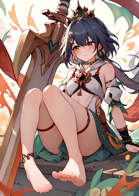 (score_9, score_8_up, score_7_up), 1girl, yunli, crown, fingerless gloves, detached sleeves, thigh strap, anklet, barefoot, greatsword, closed mouth, blush, knees up, <lora:yunli-strPO-v1a:0.9>