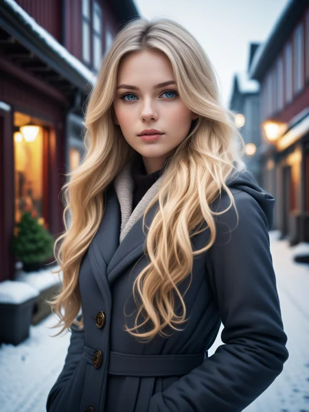 real, photograph, professional portrait photograph of a gorgeous Norwegian girl, long wavy blonde hair, sultry flirty look, gorgeous symmetrical face, cute natural makeup, ((standing outside in snowy city street)), stunning rural environment, ultra realistic, concept art, elegant, highly detailed, intricate, sharp focus, depth of field, f/1. 8, 85mm, medium shot, mid shot, (((professionally color graded))), bright soft diffused light, (volumetric fog), trending on instagram, hdr 4k, 8k,