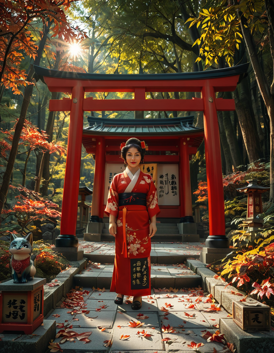 looking at viewer,A graceful Japanese (woman:1.4) standing in front of a traditional Inari shrine,arms behind back, wearing an elegant mauve kimono adorned with intricate floral patterns. Her dark hair is styled in a classic updo, decorated with delicate kanzashi hair ornaments. She has a serene and contemplative expression as she gazes towards the shrine. The scene is set in the late afternoon, with soft golden sunlight filtering through the vibrant red torii gates that create a tunnel leading to the shrine. The ground is covered with autumn leaves in warm shades of red, orange, and yellow. Stone fox statues, draped with sacred red bibs, guard the entrance, adding to the shrine's mystical aura. Traditional stone lanterns emit a soft, warm glow, enhancing the spiritual and tranquil ambiance. The background features lush greenery, contrasting with the shrineâs vivid vermillion hues. The image is in a photorealistic style, with high dynamic range lighting, capturing every intricate detail from the fabricâs texture to the play of light and shadows, evoking a sense of peace and tradition.
<lora:SDXLFaeTastic2400:0.4> <lora:extremely_detailed:0.4> extremely detailed, <lora:Inari_shr1n3:1>,Inari shr1n3, Masterpiece,best quality,hi res,8k,hi res,8k,award winning,(sharp focus, intricate, highly detailed),