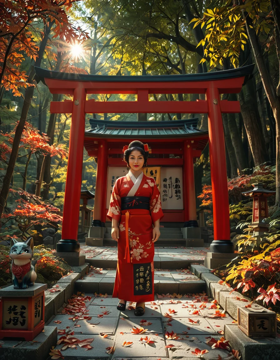 looking at viewer,A graceful Japanese (woman:1.4) standing in front of a traditional Inari shrine,arms behind back, wearing an elegant mauve kimono adorned with intricate floral patterns. Her dark hair is styled in a classic updo, decorated with delicate kanzashi hair ornaments. She has a serene and contemplative expression as she gazes towards the shrine. The scene is set in the late afternoon, with soft golden sunlight filtering through the vibrant red torii gates that create a tunnel leading to the shrine. The ground is covered with autumn leaves in warm shades of red, orange, and yellow. Stone fox statues, draped with sacred red bibs, guard the entrance, adding to the shrine's mystical aura. Traditional stone lanterns emit a soft, warm glow, enhancing the spiritual and tranquil ambiance. The background features lush greenery, contrasting with the shrineâs vivid vermillion hues. The image is in a photorealistic style, with high dynamic range lighting, capturing every intricate detail from the fabricâs texture to the play of light and shadows, evoking a sense of peace and tradition.
<lora:SDXLFaeTastic2400:0.4> <lora:extremely_detailed:0.4> extremely detailed, <lora:Inari_shr1n3:1>,Inari shr1n3, Masterpiece,best quality,hi res,8k,hi res,8k,award winning,(sharp focus, intricate, highly detailed),