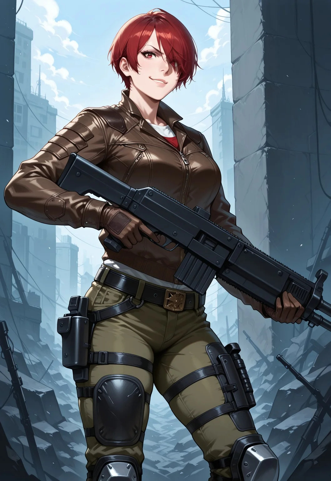 masterpiece, best quality, detailed, realistic, smirk, 1girl, solo, tweedre, red hair, short hair, hair over one eye, brown leather jacket, pants, knee pads, belt, holsters, gloves, holding weapon, heavy machine gun,