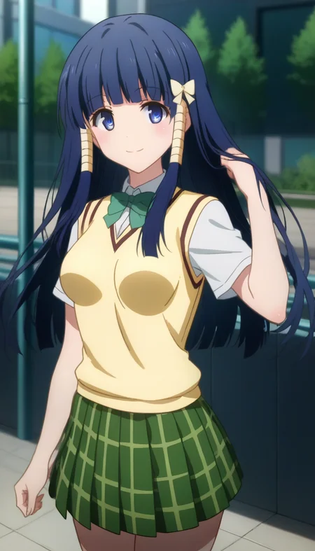 score_9,score_8_up,score_7_up,score_6_up BREAK official art,solo,outdoors,cowboy shot,looking at viewer,facing viewer,smile,blush,Murasame Shizu,long hair,blue hair,hair ornament,hair bow,hair ribbon,hair tubes,blunt bangs,blue eyes,school uniform,sweater vest,yellow vest,white shirt,collared shirt,green bowtie,short sleeves,medium breasts,miniskirt,green skirt,plaid skirt,pleated skirt,black socks,loafers,<lora:Murasame Shizu(tlr)-Pony:1.6>,