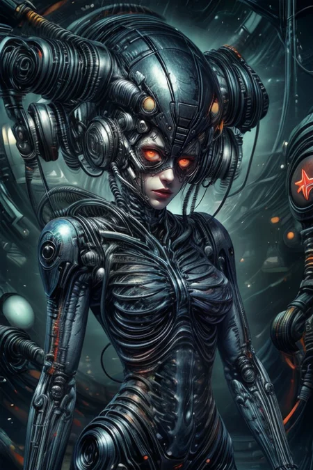 cyberpunk cityscape,biomechanical cyberpunk,SCI-FI,
cowboy shot,thigh gap,
femenine cyborg,helmet with antenna,mask,armor,
(wires,cables,electricity,discharge,monitors:1.3),
high technical room background,
<lora:Concept_-_Hella-sthetic_v2:0.7>,
(USSR,red star \(symbol\):1.5),
<lora:H.R.GigerWorld:0.25>,gigerworld,art by hrgiger,
<lora:Concept_-_Giger-ish_Biomechanicals_v2:0.25>,hnsrdlf style,
<lora:Concept_-_More_Details_v1.0:1>,
intricate,elegant,highly detailed,symmetry,magical atmosphere,sharp focus,majestic,very coherent,radiant,advanced,cinematic,artistic,fine detail,winning,beautiful,stunning,dramatic light,designed,rich deep colors,perfect professional background,ambient,tailored set composition,
human-machine fusion,organic meets artificial,futuristic,technological,cybernetic enhancements,robotics,neon lights,dark alleys,skyscrapers,vibrant colors,<lora:transparent_body_lora01:0.7>, transparent body,