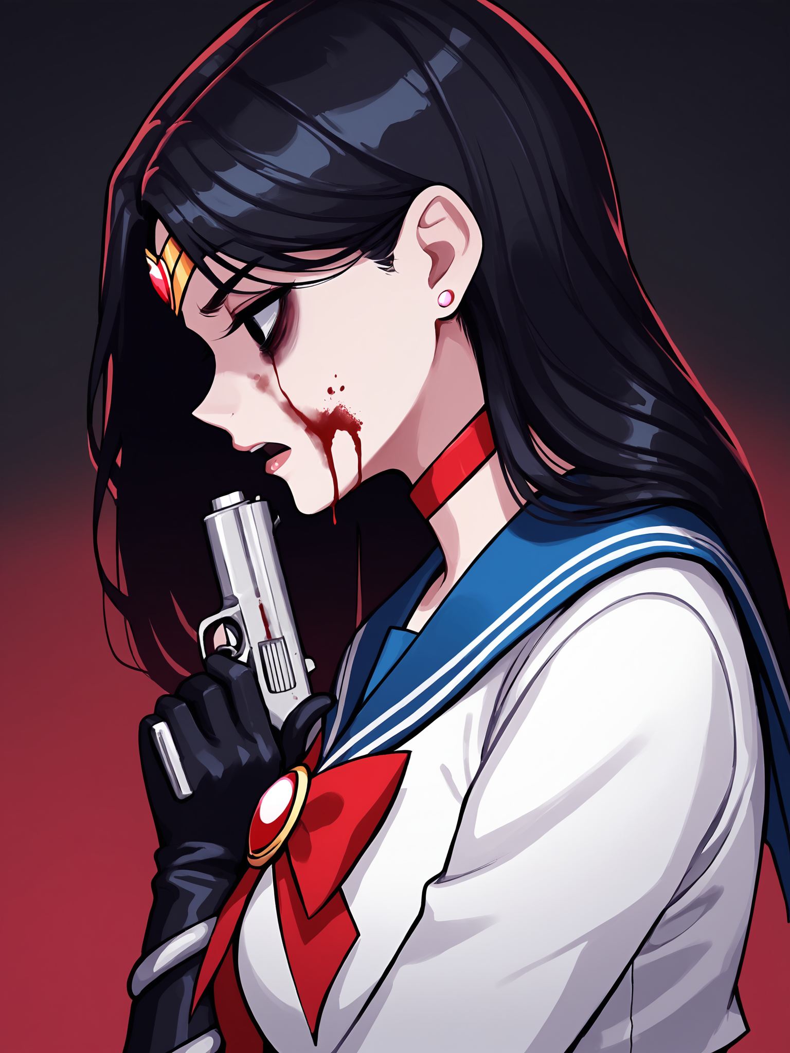 score_9, score_8_up, score_7_up, score_6_up, score_5_up, score_4_up, rating_safe
BREAK
sailor mars, circlet, black hair, black eyes, looking away, tired, half-closed eyes, bags under eyes, sigh, open mouth, looking down, blood on face, blood splatter,
BREAK
solo, portrait, magical girl, red serafuku, from side, holding gun, handgun, blood on weapon,
BREAK
black background, <lora:Lunas-AelionDraws-SDXL-A1:1>