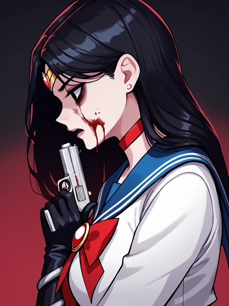 score_9, score_8_up, score_7_up, score_6_up, score_5_up, score_4_up, rating_safe
BREAK
sailor mars, circlet, black hair, black eyes, looking away, tired, half-closed eyes, bags under eyes, sigh, open mouth, looking down, blood on face, blood splatter,
BREAK
solo, portrait, magical girl, red serafuku, from side, holding gun, handgun, blood on weapon,
BREAK
black background, <lora:Lunas-AelionDraws-SDXL-A1:1>