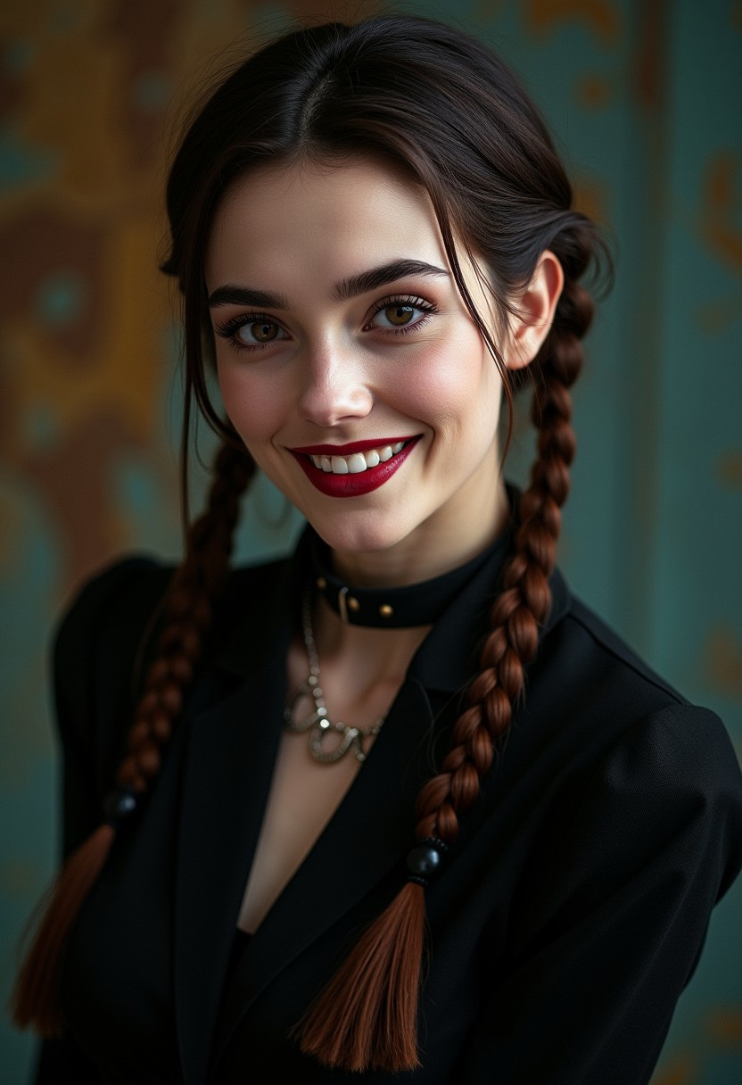 Horror magazine photo, medium shot, beautiful Wednesday Addams female with braided hair, smiling with big anime eyes, posing for Halloween costume, (8k, RAW photo, best quality, ultra high res, depth of field:1.1), (absurdres, intricate, photorealistic, masterpiece, ultra-detailed), torso shot