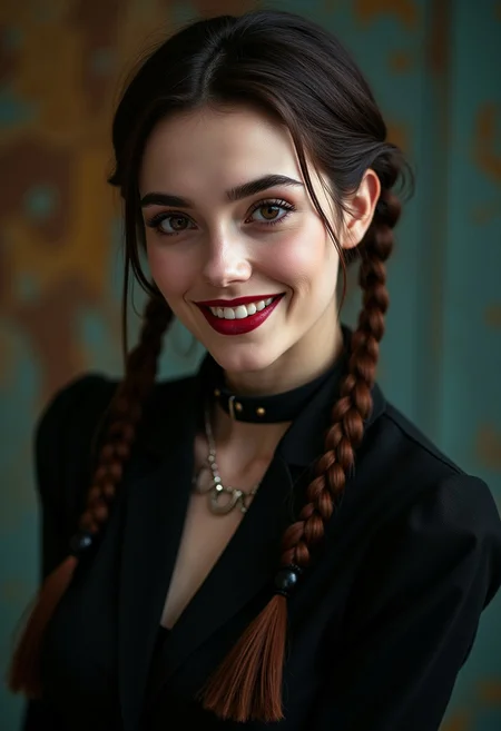 Horror magazine photo, medium shot, beautiful Wednesday Addams female with braided hair, smiling with big anime eyes, posing for Halloween costume, (8k, RAW photo, best quality, ultra high res, depth of field:1.1), (absurdres, intricate, photorealistic, masterpiece, ultra-detailed), torso shot