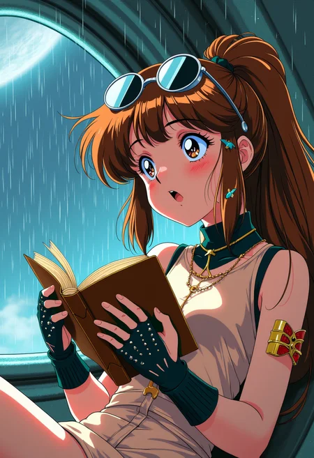 1girl, Retro style anime girl reclines on a sleek, shimmering starship interior, her long hair styled in a high ponytail adorned with tiny, sparkly clips. Her fingers peek out from gloves with intricate, finger-shaped cut-outs, grasping a worn leather-bound book. A hint of asymmetry in her cut adds a touch of whimsy, while round sunglasses perch on her nose, giving her a laid-back, retro vibe. Suddenly, raindrops suspended mid-air as if time itself has frozen, leaving our heroine open-mouthed in shock, her expression a perfect blend of surprise and wonder, modernretroanime.