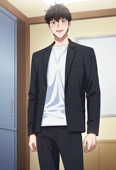 masterpiece, best quality, amazing quality,high resolution, intricate details,4k,anime coloring,anime screencap , , , 1boy, solo, male focus, <lora:han_yoohyun:0.84>,han yoohyun,black hair,brown eyes,short hair,smile, open mouth,blush,t-shirt, long sleeves, standing, jacket,open clothes, pants, indoors,white shirt,black pants,black jacket,looking at viewer