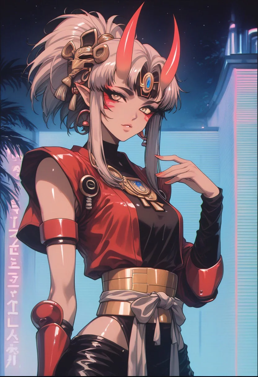 score_9, score_8_up, score_7_up, shiny skin, volumetric lighting, g0thicPXL, glowing, (flat breast), skinny hips, flat butt, skinny body, (short stature), (small body), (cowboy shot), (upper body), Vintage, 1990s \(style\), samurai, red armor, oni mask, neon, night, hieroglyphs, (retrowave)