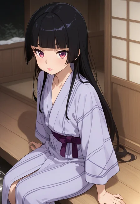 masterpiece, best quality, amazing quality, 

hime cut, long hair, blunt bangs, black hair, multicolored eyes, lips, bath yukata, purple kimono, purple sash