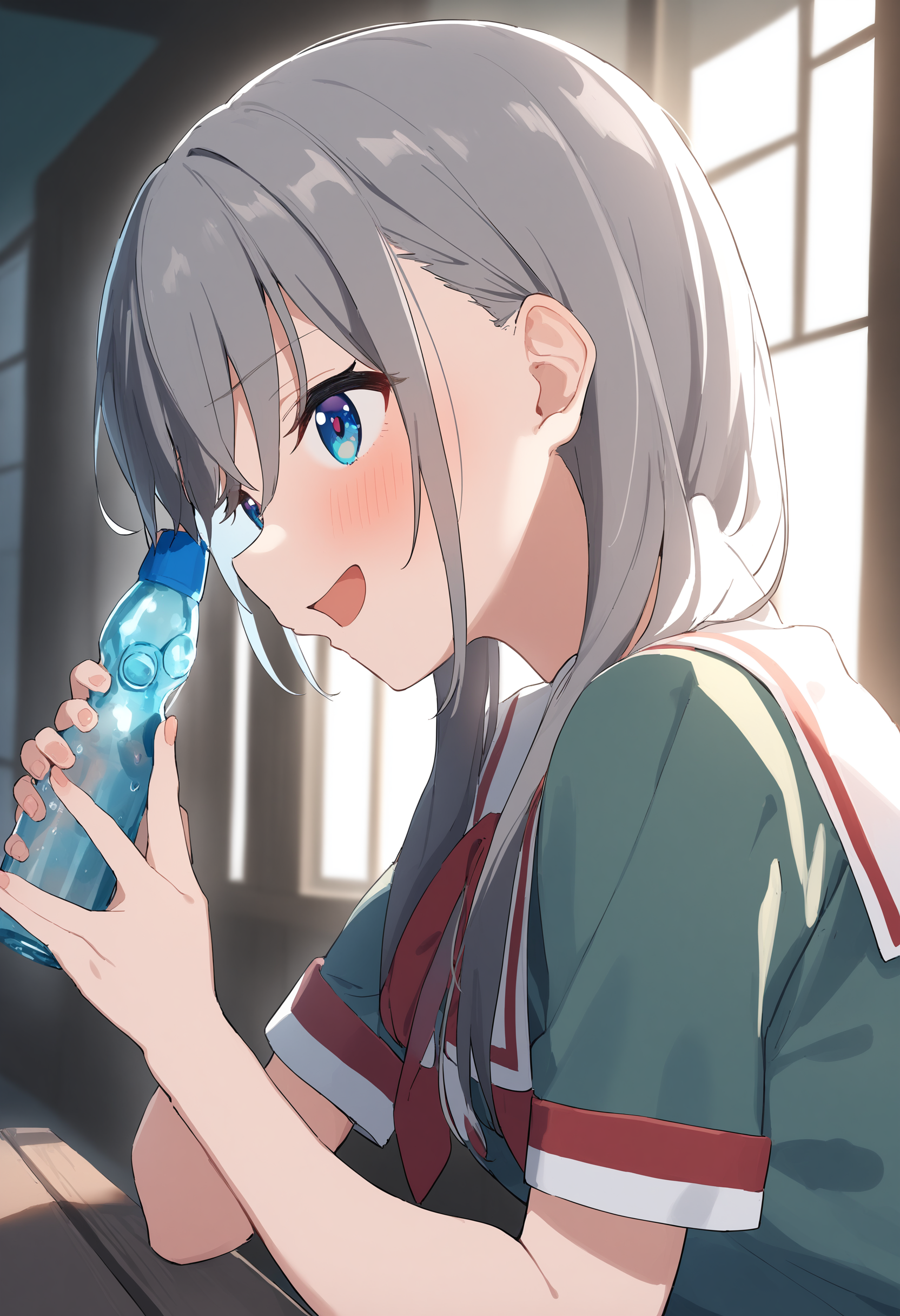 1girl,sincos, ningen mame, toosaka asagi,solo,medium breasts,school uniform,short sleeves,
ramune, holding bottle,<lora:ramune_XL_v1:0.9>
from side, portrait, looking ahead, gray hair, blue eyes,fingersmile, cloister, open mouth,
best quality, very aesthetic, absurdres