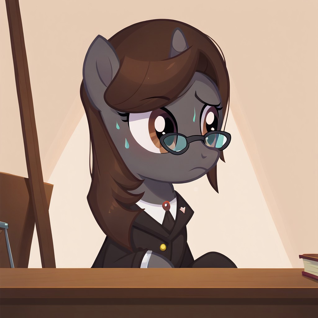masterpiece, perfect detail, best high quality, source_pony, show accurate, cute, 1girl, solo, female, oc:sonata, glasses, attorney suit, badge on collar, pony, courtroom, defense stand, standing, standing behind desk, front hooves on desk, standing against desk, frown, scenic painting in background, closed mouth, nervous, sweating, beautiful, looking to side, score_9, score_8_up, score_7_up, score_6_up, score_5_up, score_4_up