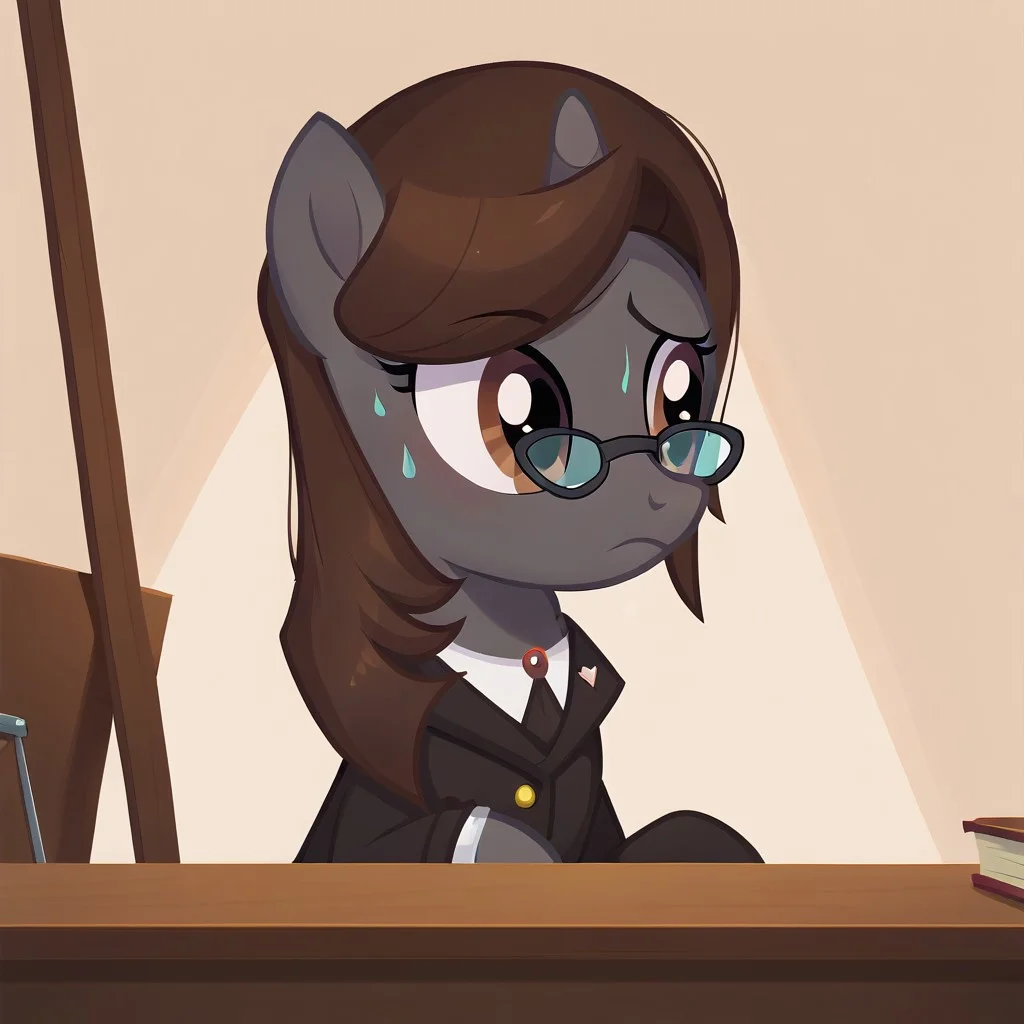 masterpiece, perfect detail, best high quality, source_pony, show accurate, cute, 1girl, solo, female, oc:sonata, glasses, attorney suit, badge on collar, pony, courtroom, defense stand, standing, standing behind desk, front hooves on desk, standing against desk, frown, scenic painting in background, closed mouth, nervous, sweating, beautiful, looking to side, score_9, score_8_up, score_7_up, score_6_up, score_5_up, score_4_up
