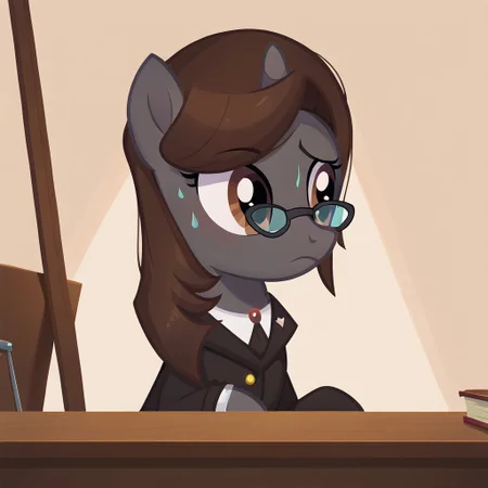 masterpiece, perfect detail, best high quality, source_pony, show accurate, cute, 1girl, solo, female, oc:sonata, glasses, attorney suit, badge on collar, pony, courtroom, defense stand, standing, standing behind desk, front hooves on desk, standing against desk, frown, scenic painting in background, closed mouth, nervous, sweating, beautiful, looking to side, score_9, score_8_up, score_7_up, score_6_up, score_5_up, score_4_up