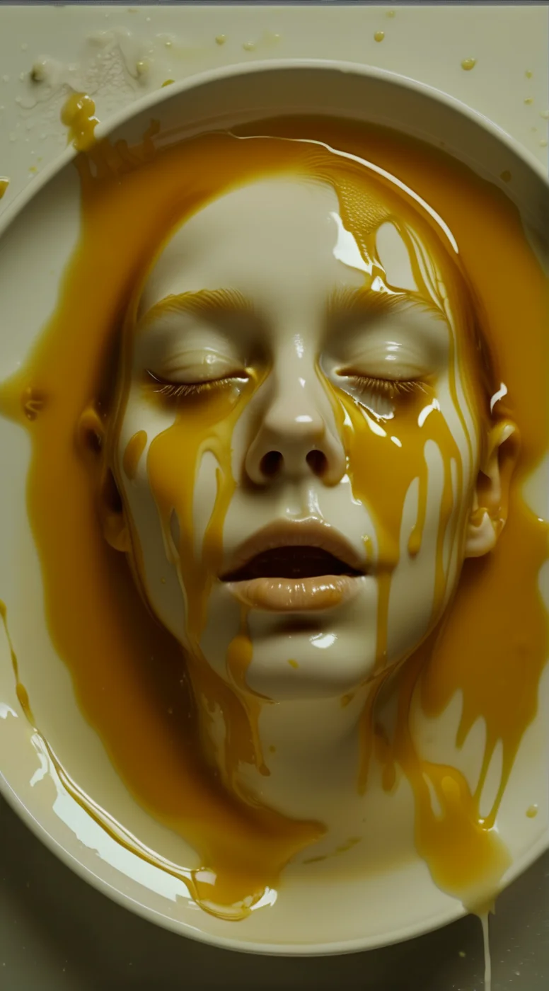 solvique top view of a girl's face made of gold melting in chicken broth standing in a plate, dissolving cinematic <lora:solvique:0.7>