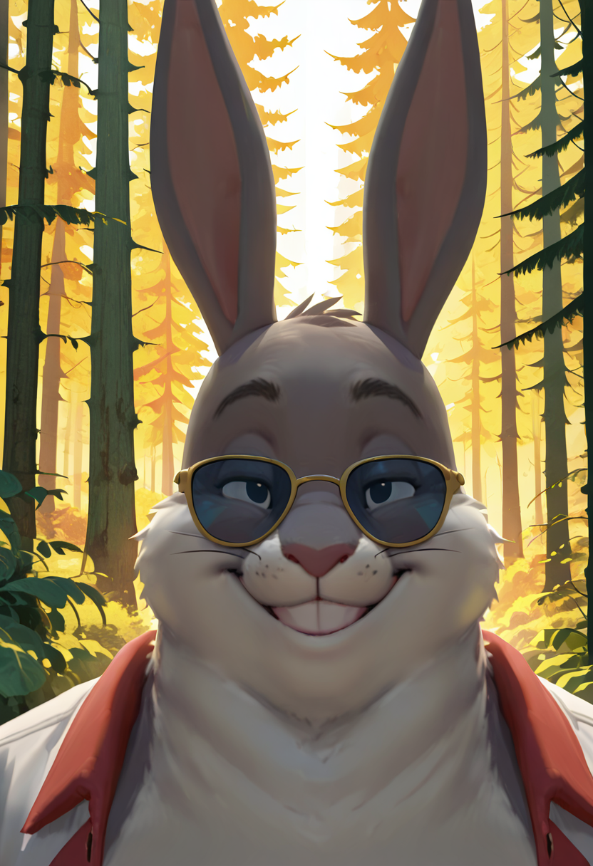 masterpiece, best quality, no humans,   zzBigChungus, smile, looking at viewer,  portrait, close up, sunglasses, smug,   forest,  ,<lora:BigChungusIXL:1.0>,