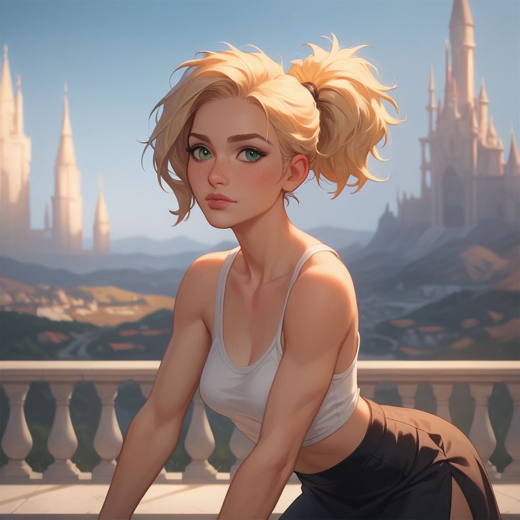 core_9, score_8_up, score_7_up, masterpiece, 
1girl, 18 years old, 
(fit body), full juicy lips, perfect green eyes,
(perfect perky (medium breasts)), 
(soft cute face),
(blonde hair messy ponytail), 
wearing white tank top and skimpy black skirt,
