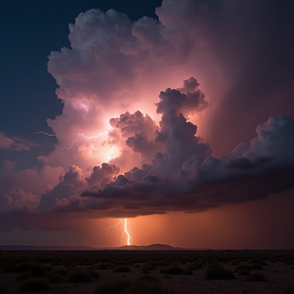 A massive storm sweeping across the landscape,LIGHTNING  cloud to cloud lightning, hues of orange and purple, desolate landscape, storm damage everywhere