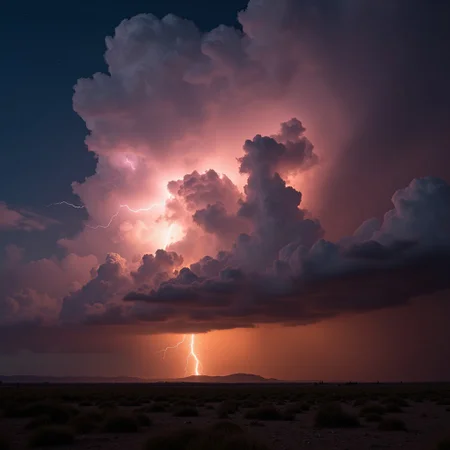 A massive storm sweeping across the landscape,LIGHTNING cloud to cloud lightning, hues of orange and purple, desolate landscape, storm damage everywhere