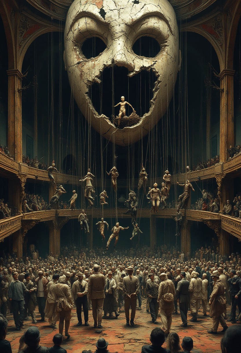 A highly detailed, artistic scene of a massive, decayed marionette theater where humanity itself is the puppet show. High above, unseen hands manipulate strings attached to countless people below—politicians, workers, soldiers, and citizens—each moving in perfect rhythm, unaware of their lack of control. Their hollow eyes and serene faces mask their obliviousness to the strings that bind them. The stage is grand yet rotting, its paint peeling as the performance continues. In the shadows, a few figures have cut their strings, standing freely but looking lost, uncertain of their own movements. Above, a giant, broken mask looms, cracked and crumbling, revealing only an empty void beneath—hinting that even the puppet masters may be blind to their own illusion of control.