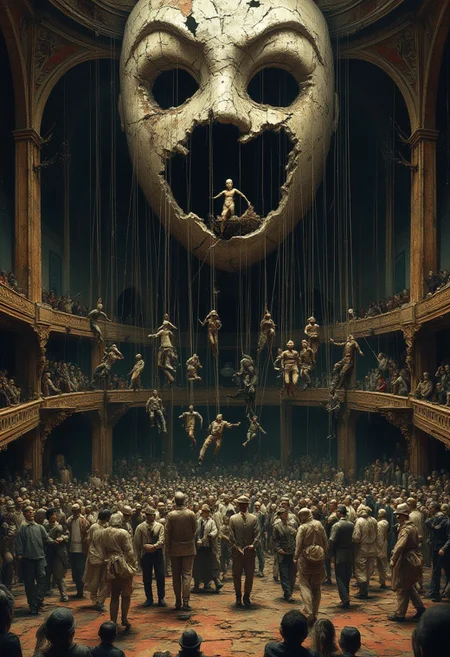 A highly detailed, artistic scene of a massive, decayed marionette theater where humanity itself is the puppet show. High above, unseen hands manipulate strings attached to countless people below—politicians, workers, soldiers, and citizens—each moving in perfect rhythm, unaware of their lack of control. Their hollow eyes and serene faces mask their obliviousness to the strings that bind them. The stage is grand yet rotting, its paint peeling as the performance continues. In the shadows, a few figures have cut their strings, standing freely but looking lost, uncertain of their own movements. Above, a giant, broken mask looms, cracked and crumbling, revealing only an empty void beneath—hinting that even the puppet masters may be blind to their own illusion of control.